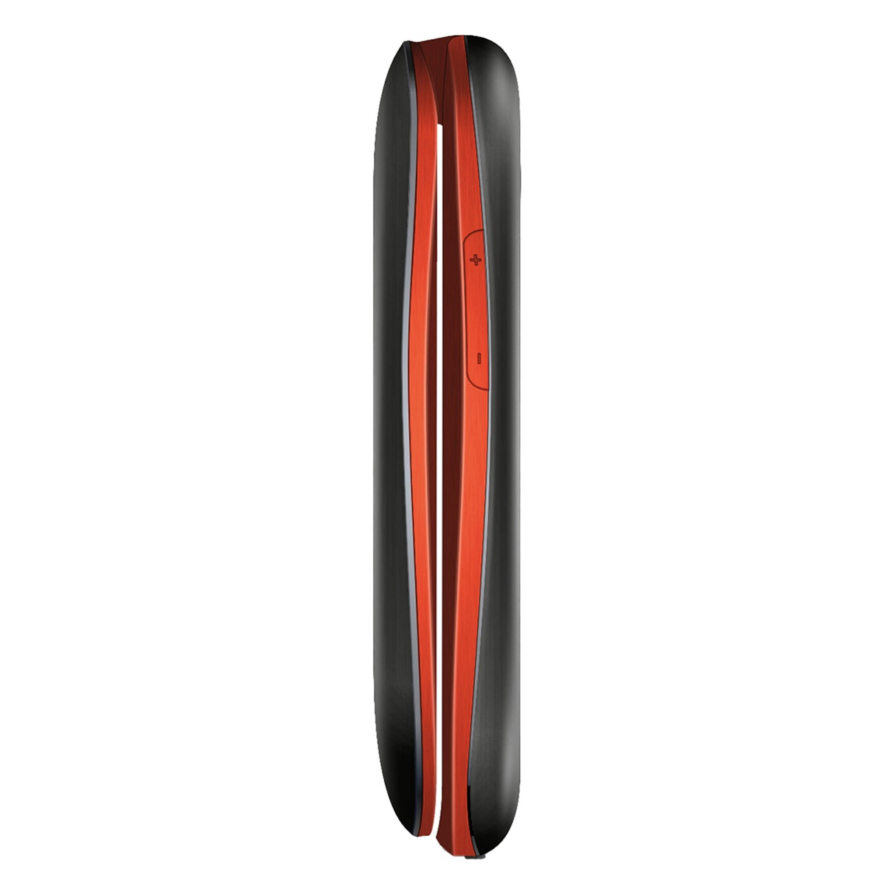 Vista laterale di un telefono cellulare sottile e moderno in rosso e nero con un pulsante del volume.