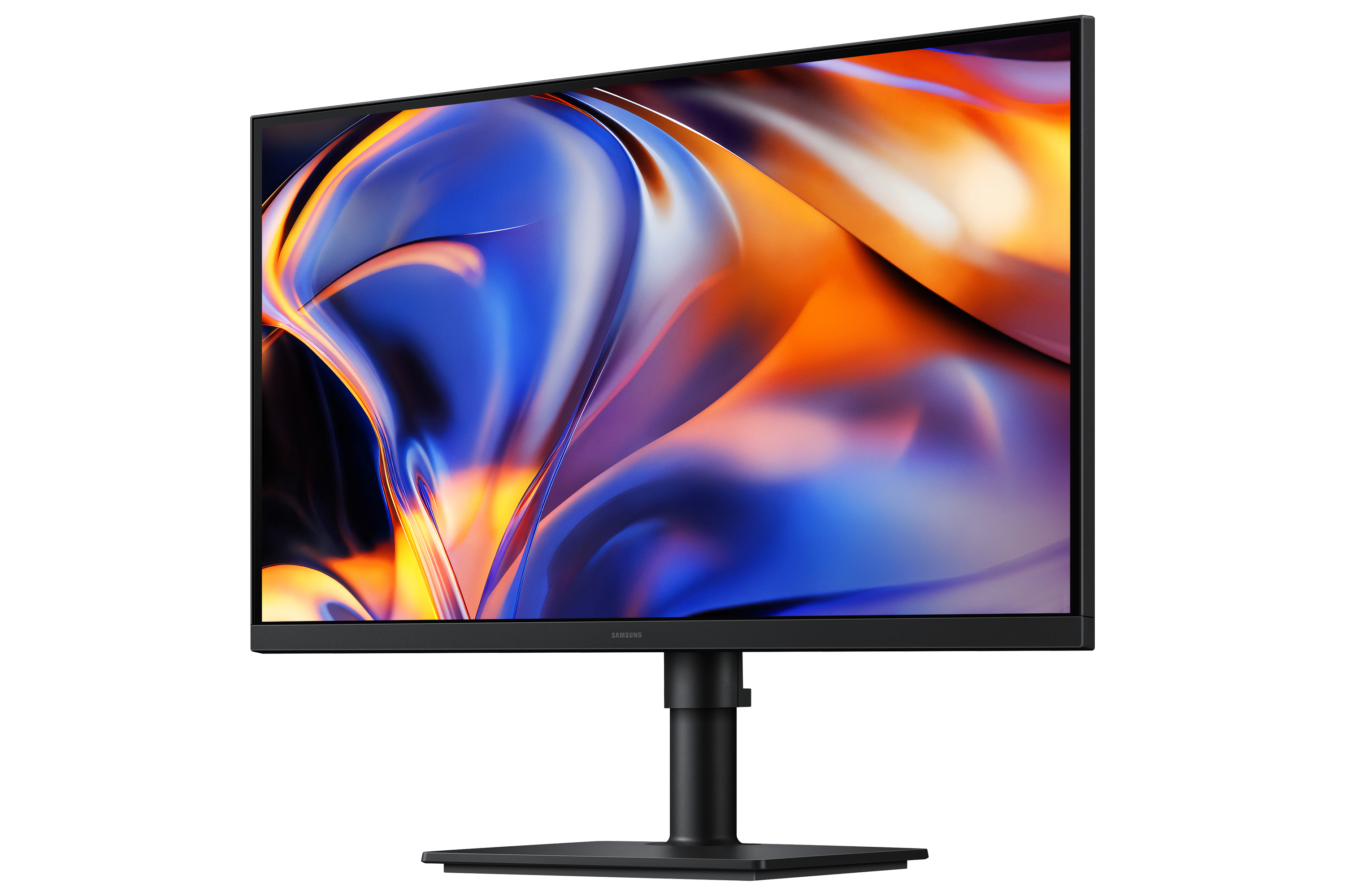 Un monitor nero su supporto che mostra uno sfondo astratto e colorato sullo schermo.