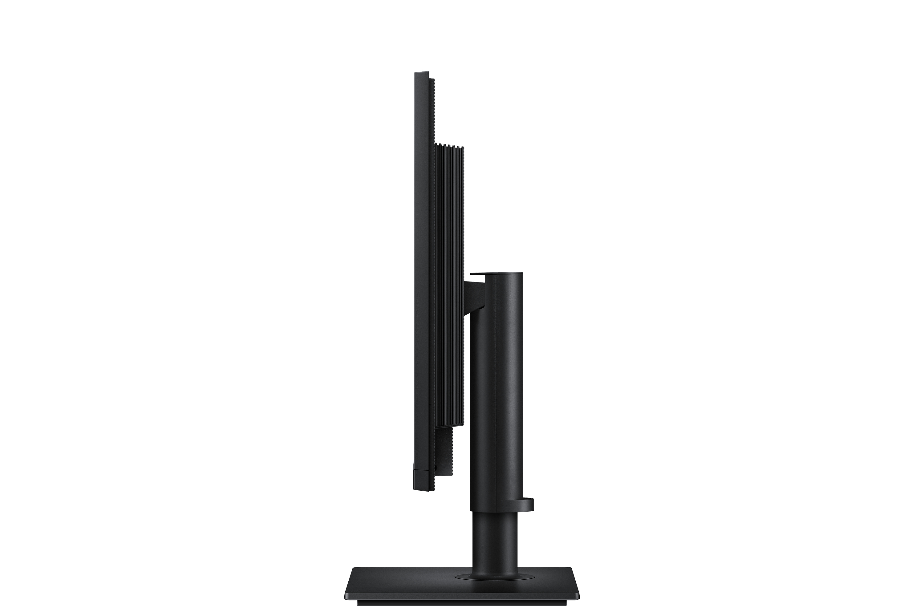 Vista laterale di un monitor per computer nero su supporto con base piatta su sfondo bianco.