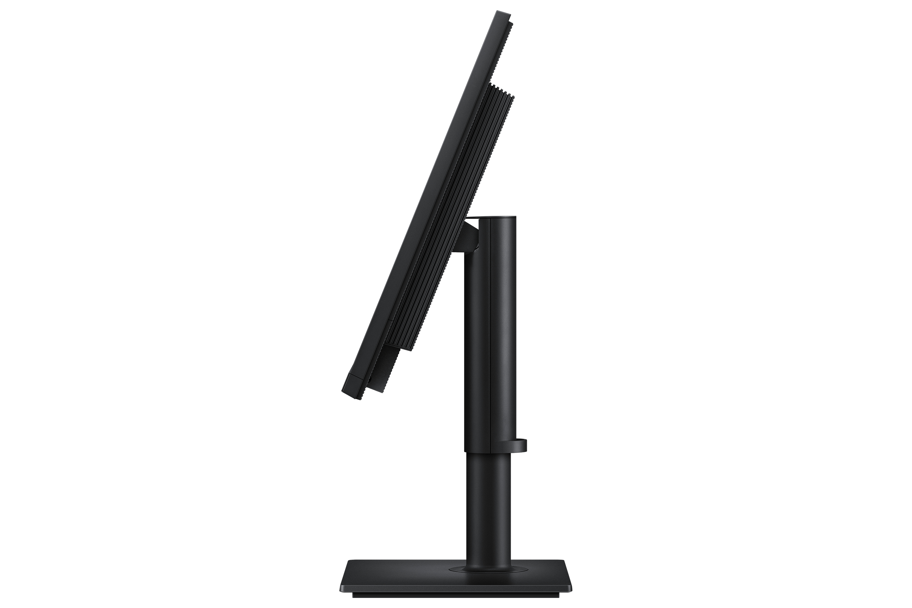 Vista laterale di un monitor di un computer nero su supporto con sfondo bianco.