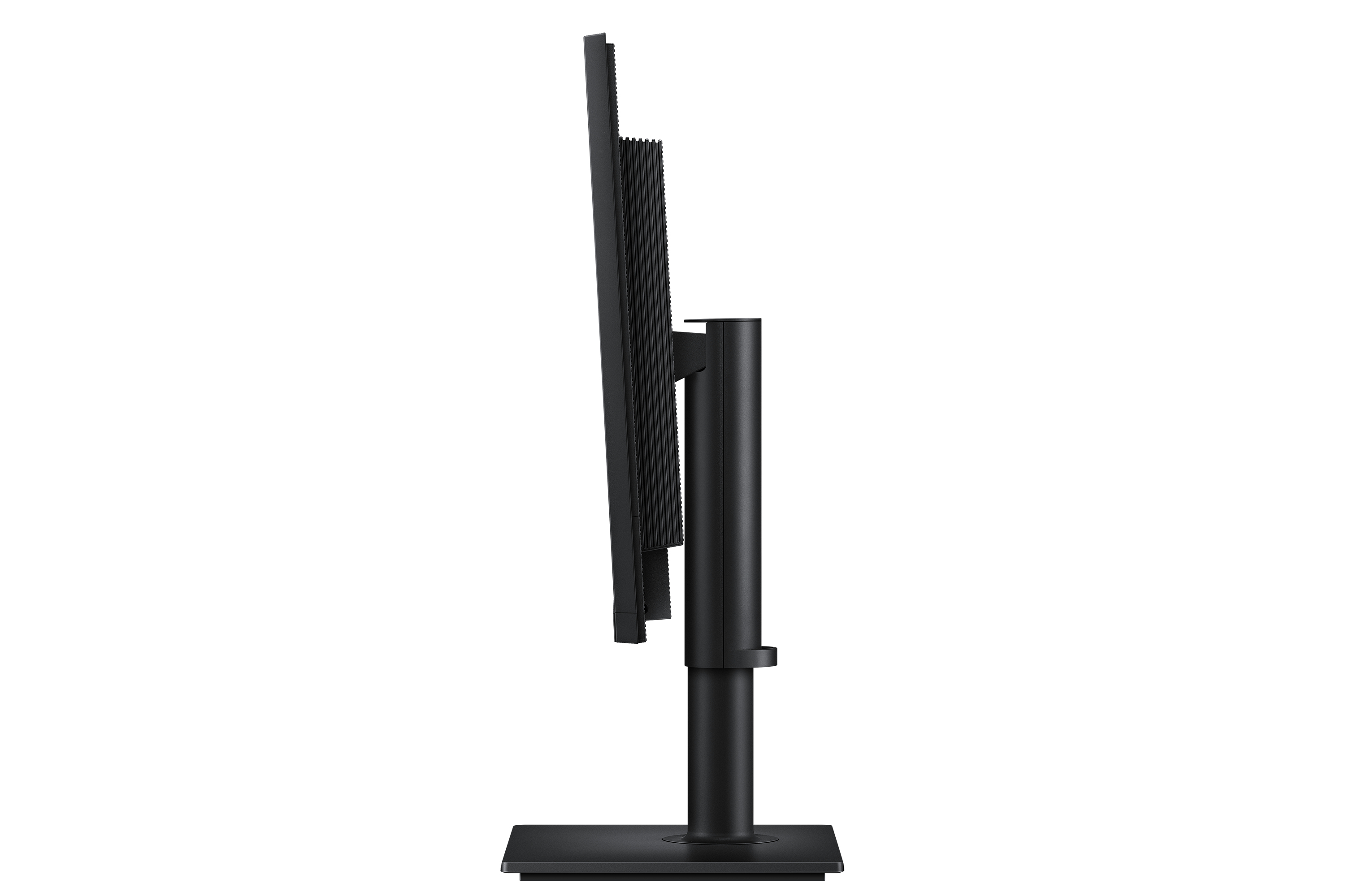 Vista laterale di un monitor di computer nero su un supporto con sfondo bianco.