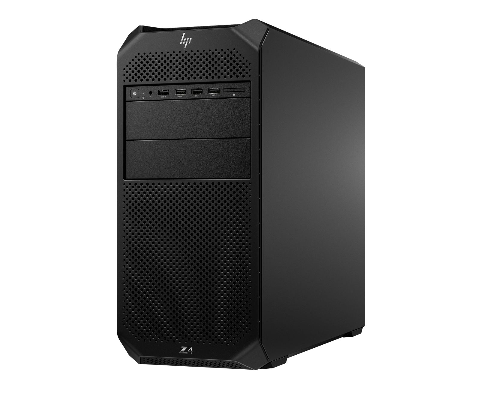 Une tour d'ordinateur HP Z4 noire se dresse verticalement sur fond blanc, montrant sa grille avant et ses ports.