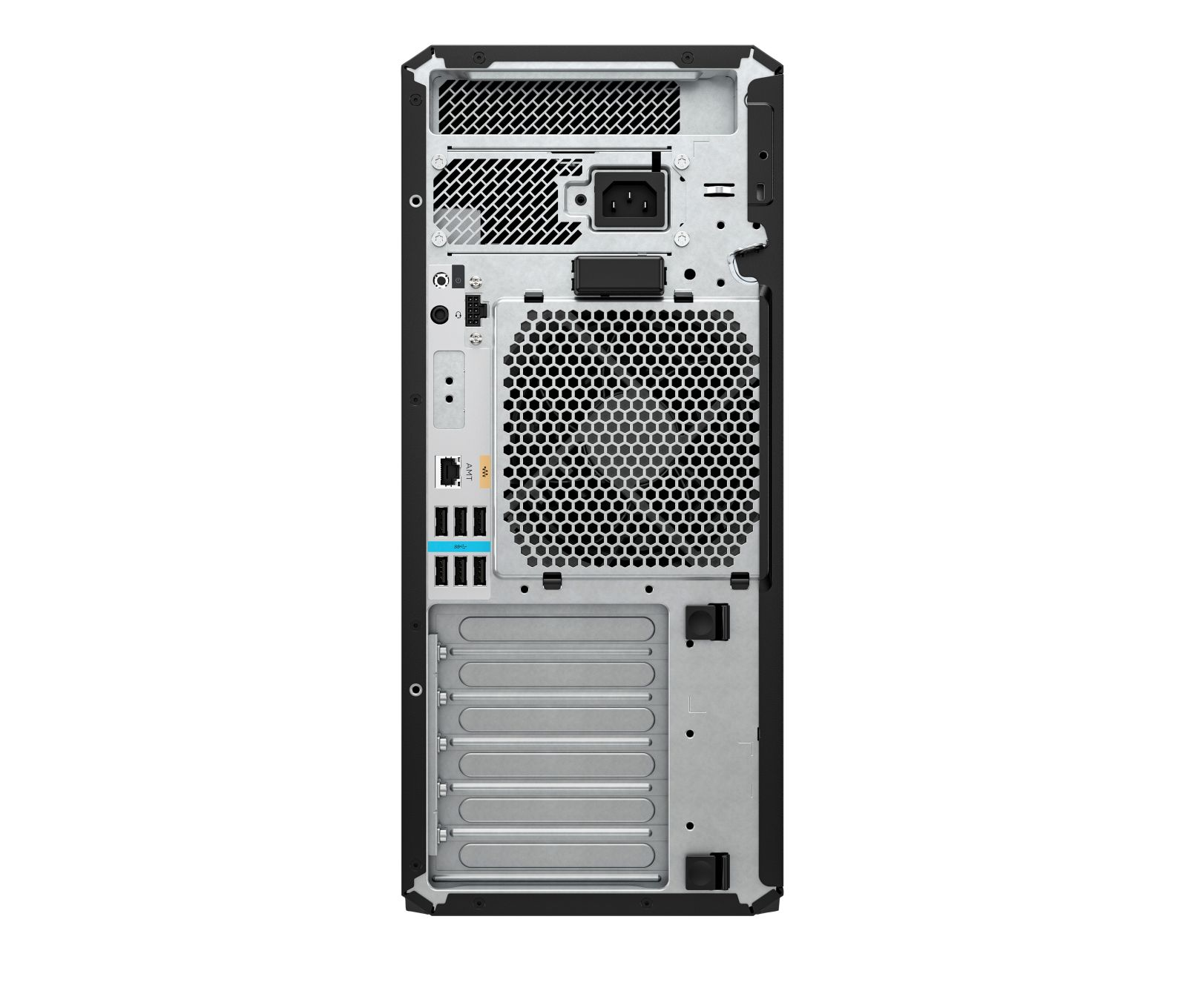 Vue arrière d'un boîtier d'ordinateur avec ports, alimentation et grille d'aération.