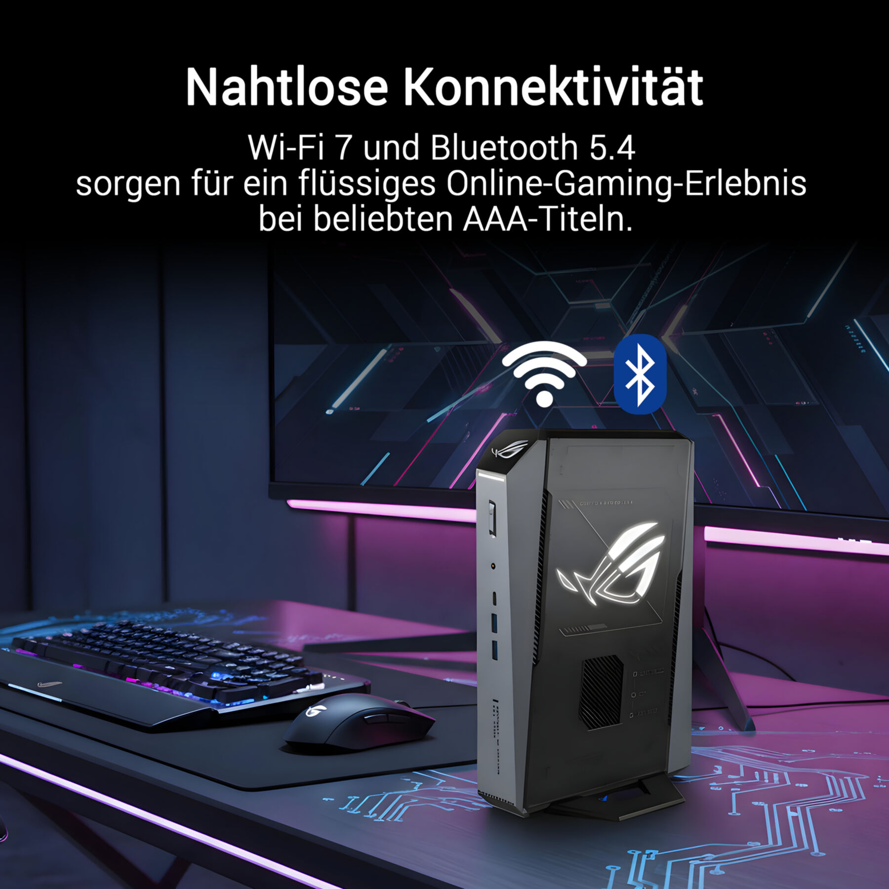 PC da gioco su una scrivania con tastiera, mouse e monitor, con icone Wi-Fi e Bluetooth.