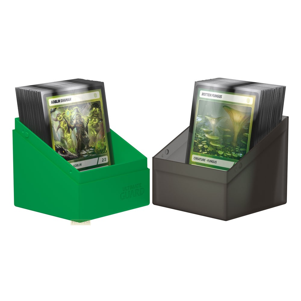Deux boîtes de cartes ouvertes en vert et gris contenant des cartes.