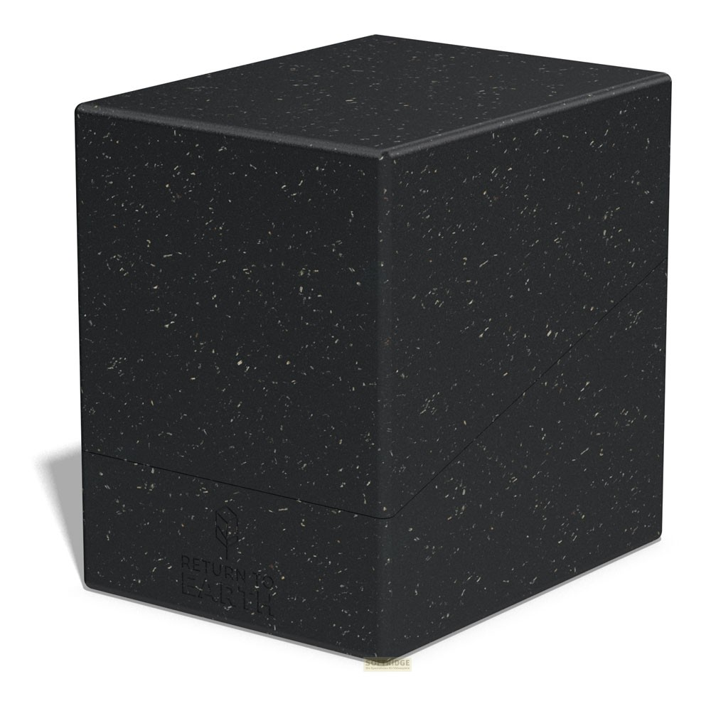 Un conteneur rectangulaire noir avec des taches blanches et le texte 'Return to Earth' imprimé sur le devant.