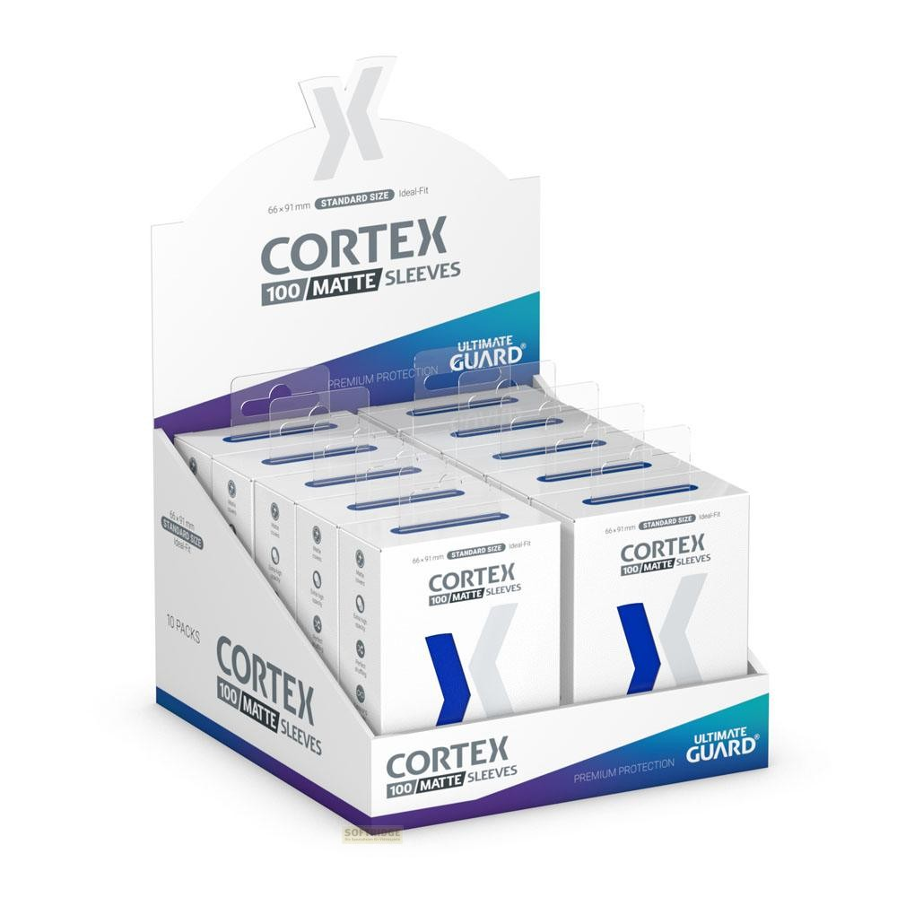Un présentoir contenant dix paquets de protège-cartes Cortex 100 Matte d'Ultimate Guard.