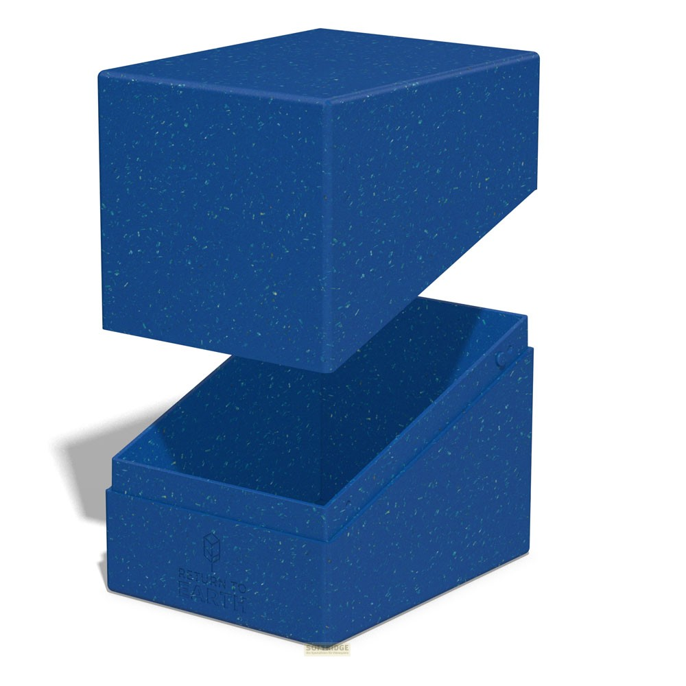 Boîte de rangement en plastique ouverte bleue avec couvercle amovible sur fond blanc.