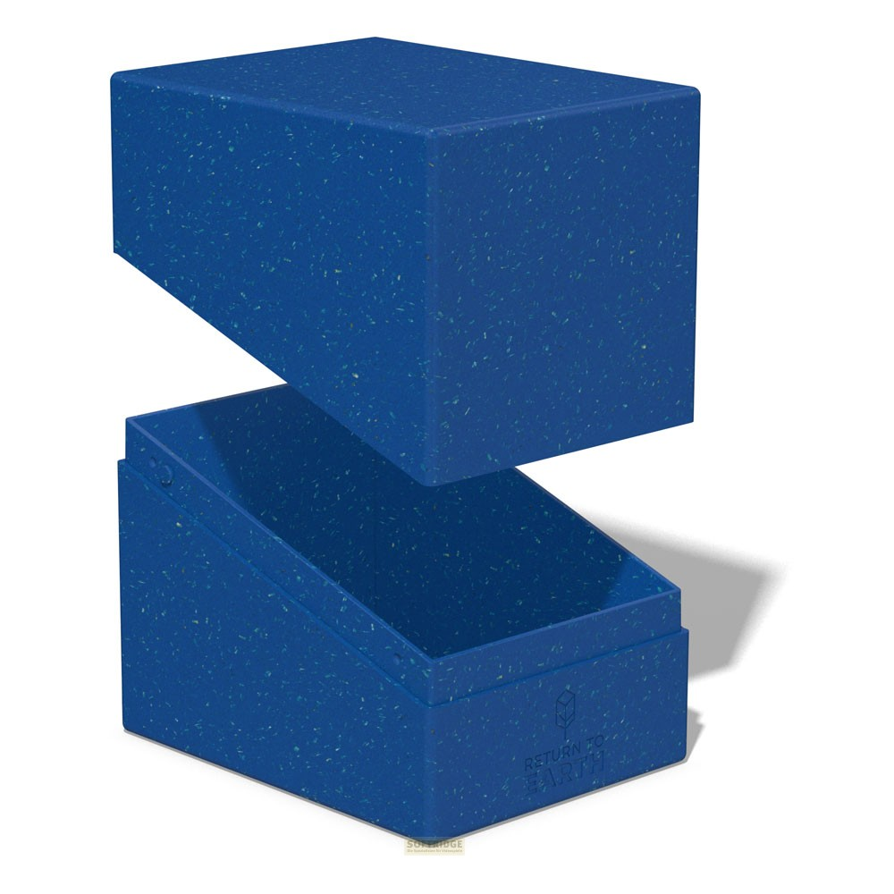Boîte de deck bleue ouverte, couvercle retiré, sur fond blanc.