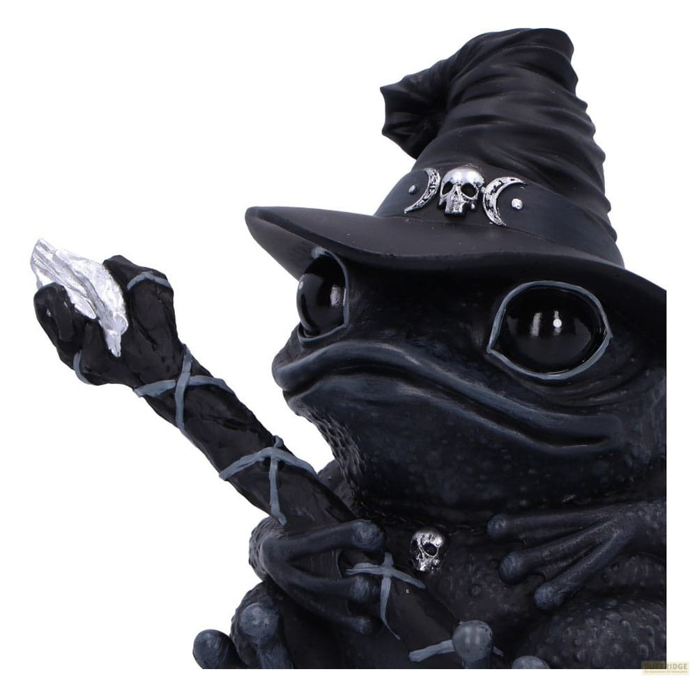 Figura de rana negra con sombrero de bruja, emblema de calavera y un bastón con cristal.