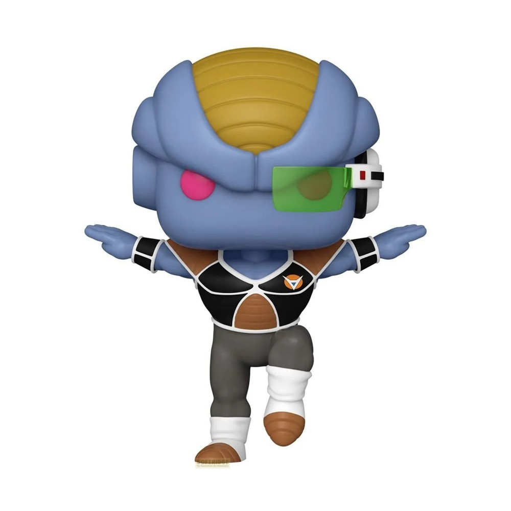 Eine bläuliche Vinyl-Figur mit grünem Scouter und schwarzer Rüstung in Pose vor weißem Hintergrund.