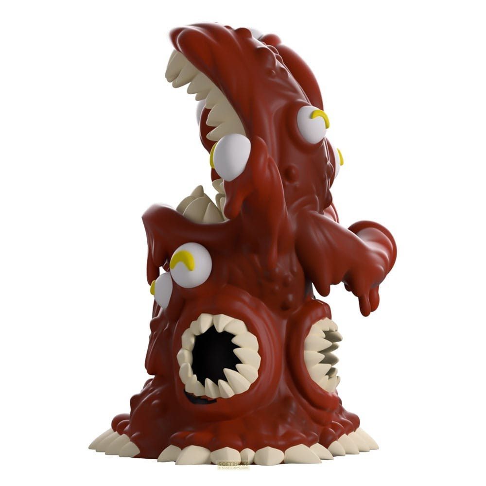 Una figura de monstruo roja y viscosa con múltiples ojos y dientes afilados sobre fondo blanco.