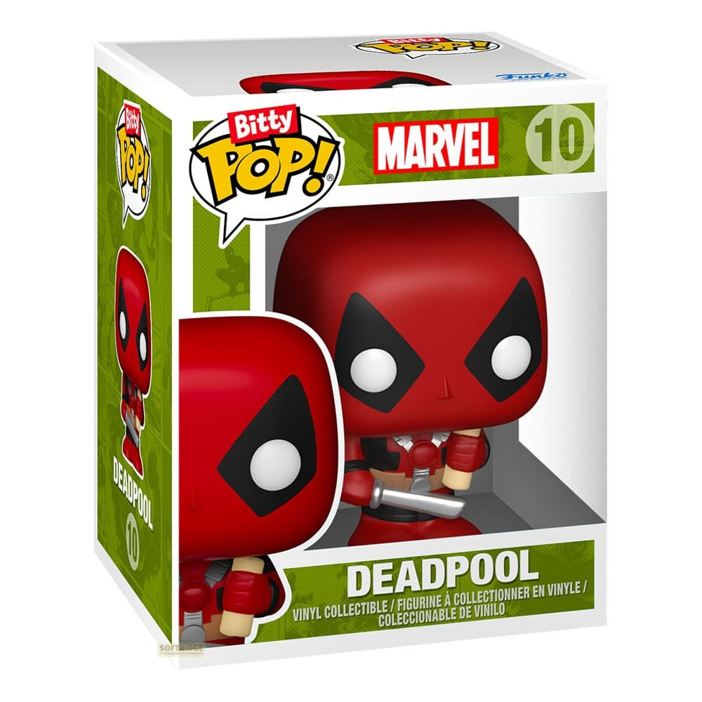 Figura coleccionable de vinilo Marvel Deadpool Bitty Pop! en caja con el personaje rojo.
