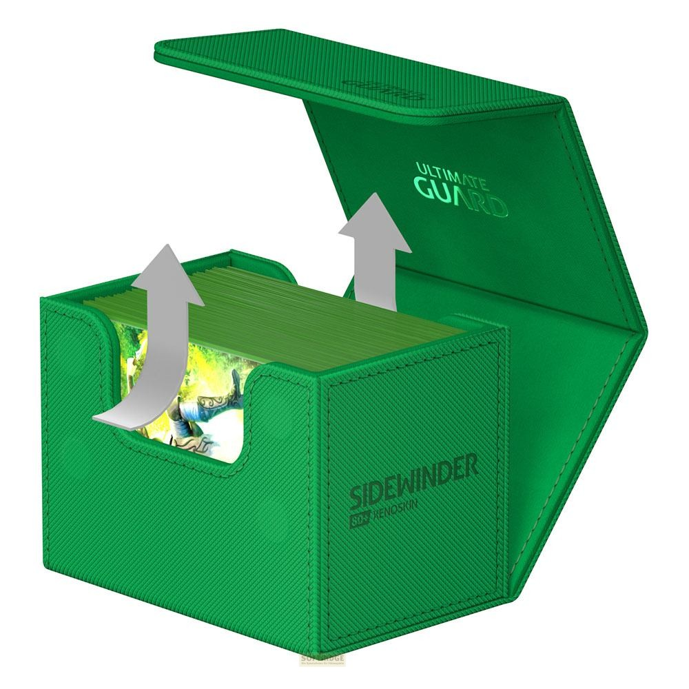 Boîte de pont Ultimate Guard Sidewinder verte avec couvercle ouvert et flèches vers le haut.