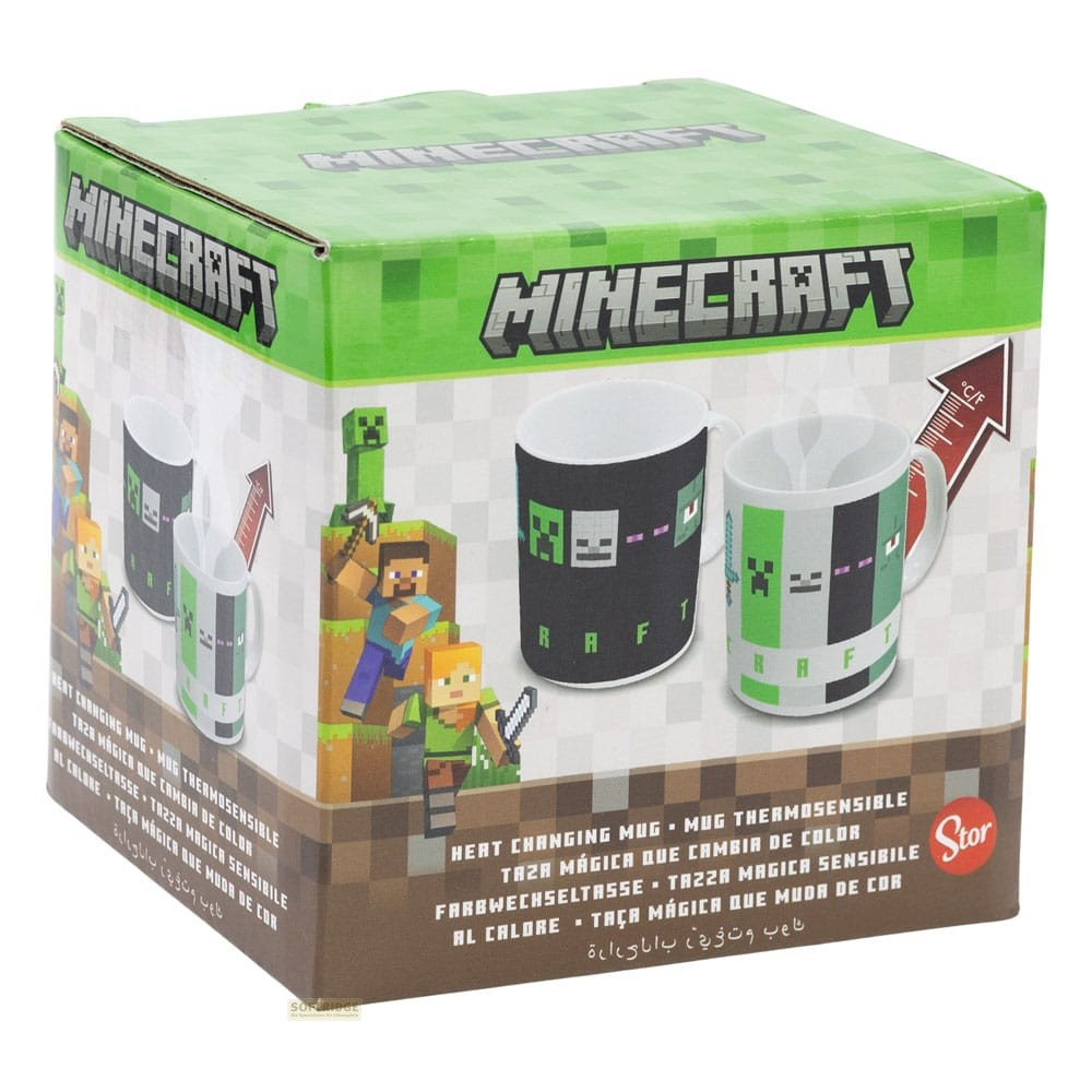 Caja verde de Minecraft muestra dos tazas térmicas con personajes y patrones de píxeles sobre fondo blanco.