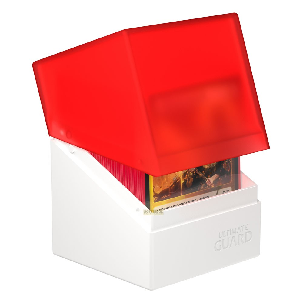 Une boîte de jeu de cartes Ultimate Guard blanche avec un couvercle rouge et des cartes rouges visibles.