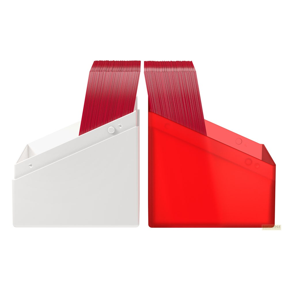 Deux dévideurs de ruban adhésif, un blanc et un rouge, remplis de ruban rouge sur fond blanc.