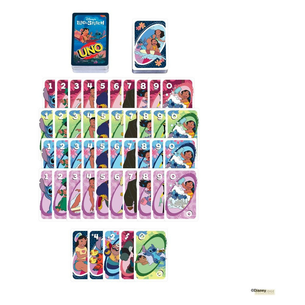 Juego de cartas UNO de Lilo y Stitch con cartas numeradas del 0 al 9 y de acción.