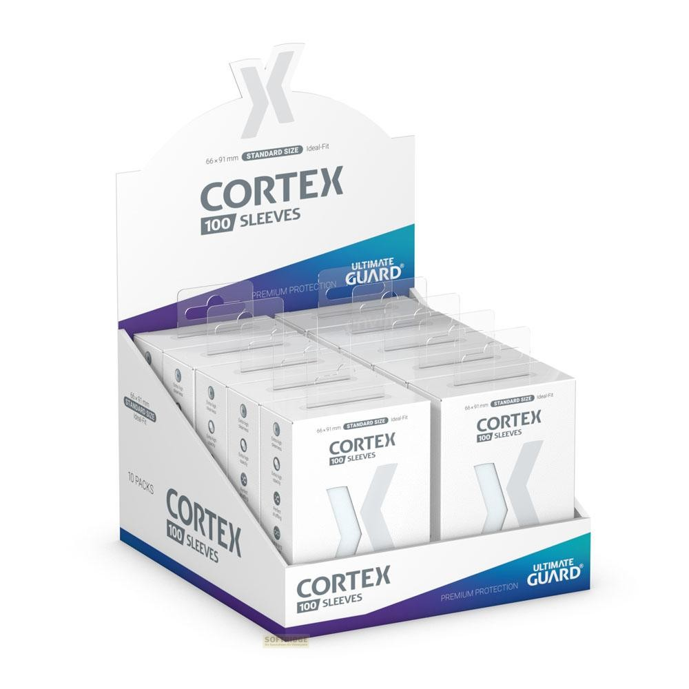 Une boîte de présentation blanche remplie de dix paquets de protège-cartes Cortex 100.