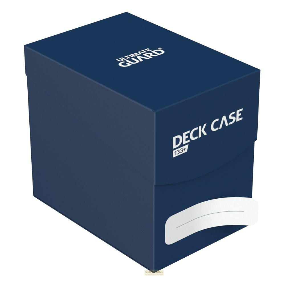 Un étui de pont bleu Ultimate Guard Deck Case 133+ avec du texte blanc sur fond blanc.