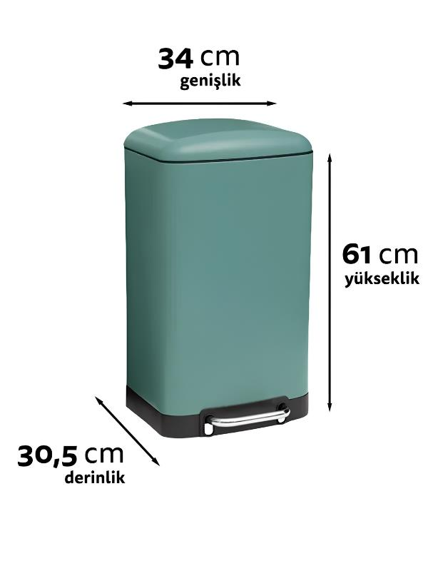 Yeşil renkli pedallı çöp kovası, 34 cm genişlik, 61 cm yükseklik ve 30,5 cm derinlik ölçüleriyle.