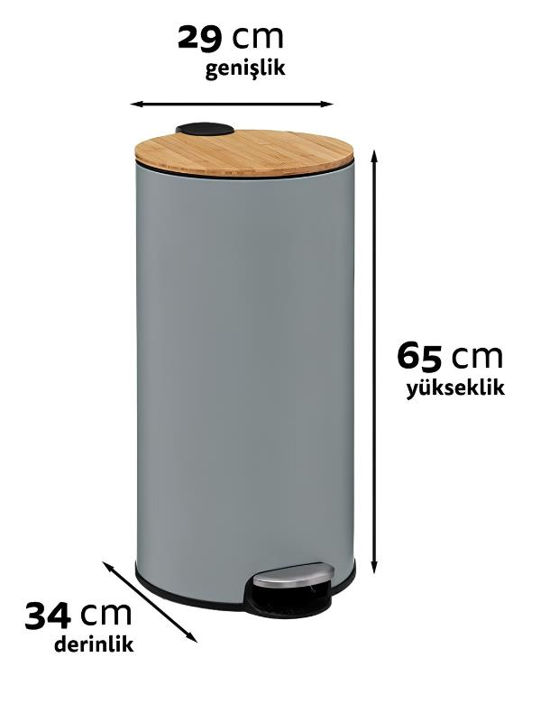 Ahşap kapaklı ve 29 cm genişlik, 34 cm derinlik ile 65 cm yükseklik ölçülerine sahip gri çöp kovası.