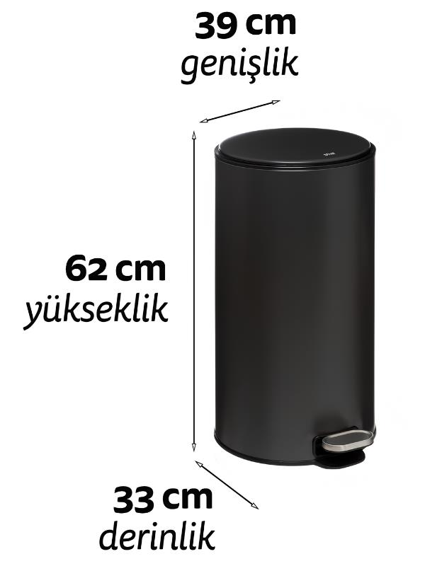 39 cm genişlik, 62 cm yükseklik ve 33 cm derinlik ölçülerine sahip siyah pedal çöp kovası.