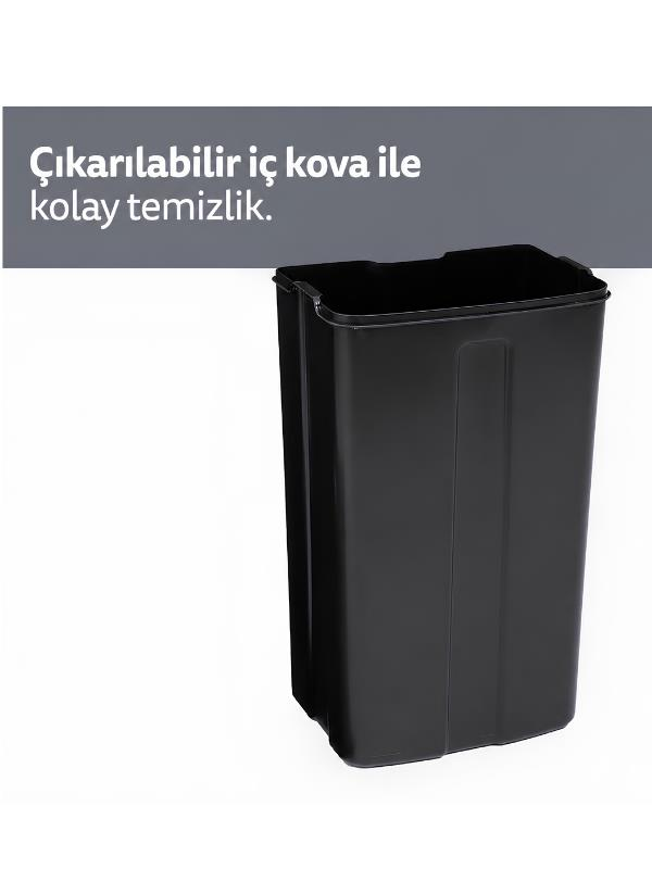 Gri arka plan önünde siyah dikdörtgen plastik kova ve üstte Türkçe metin.