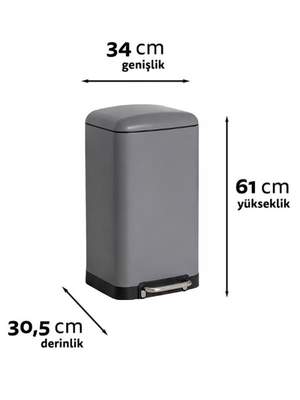 Beyaz arka planda 34 cm genişlik, 30,5 cm derinlik ve 61 cm yükseklik ölçülerine sahip gri pedal çöp kovası.