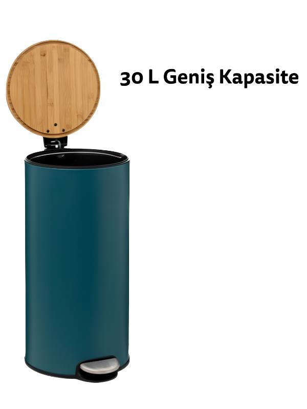 Açık ahşap kapaklı ve ayak pedallı, üzerinde 30 L Geniş Kapasite yazan petrol mavisi çöp kovası.