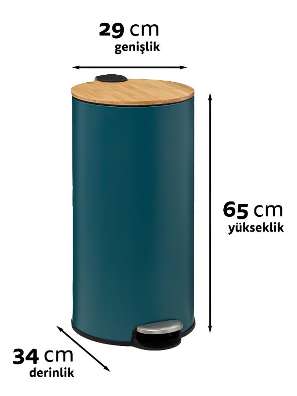 Bambu kapaklı, ayak pedallı ve ölçüleri belirtilen koyu yeşil çöp kovası.