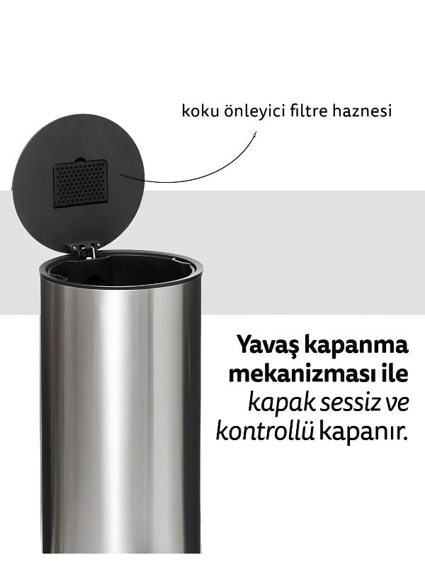 Koku önleyici filtre haznesi ve yavaş kapanma mekanizması gösterilen paslanmaz çelik çöp kovası.