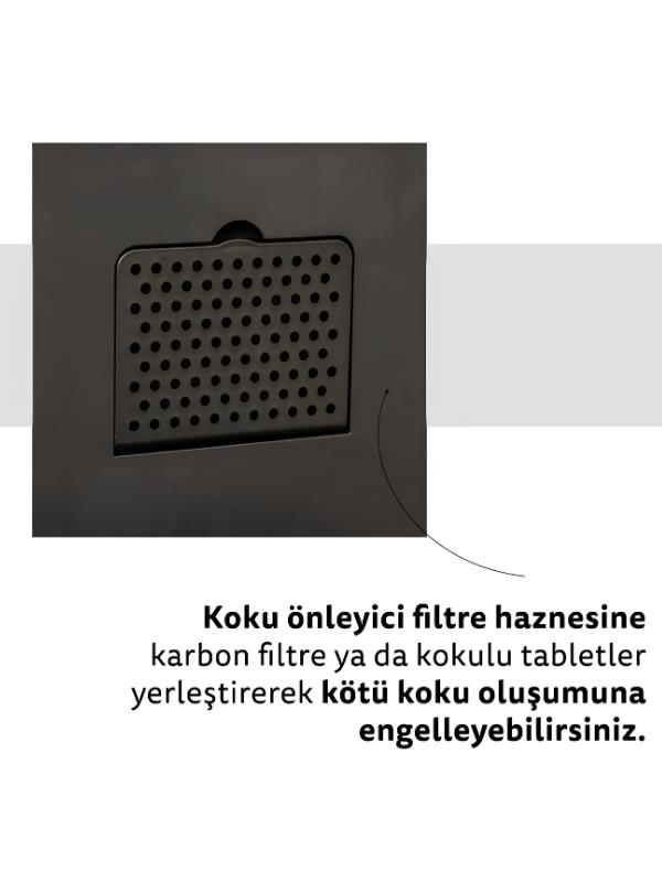 Delikli ızgaraya ve koku önleyici metne sahip siyah filtre kutusu.