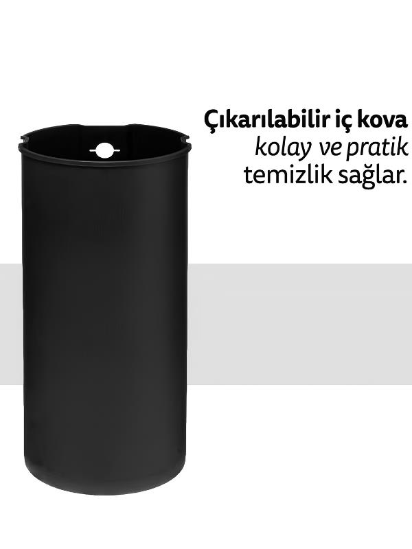 Gri ve beyaz arka planda Türkçe yazının yanında üstünde delik olan siyah silindirik iç kova.