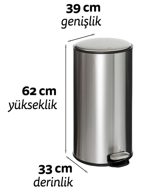 Silindirik paslanmaz çelik pedallı çöp kovası, 39 cm genişlik, 62 cm yükseklik ve 33 cm derinlik.
