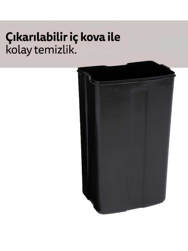 Üstünde Türkçe metin bulunan siyah, dikdörtgen plastik iç kova.