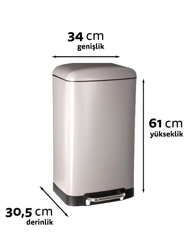 Bej renkli pedal çöp kovası, ölçüleri: 34 cm genişlik, 61 cm yükseklik, 30,5 cm derinlik.