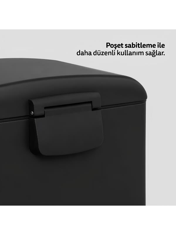 Gri arka planda kapaklı ve menteşeli siyah çöp kutusu.