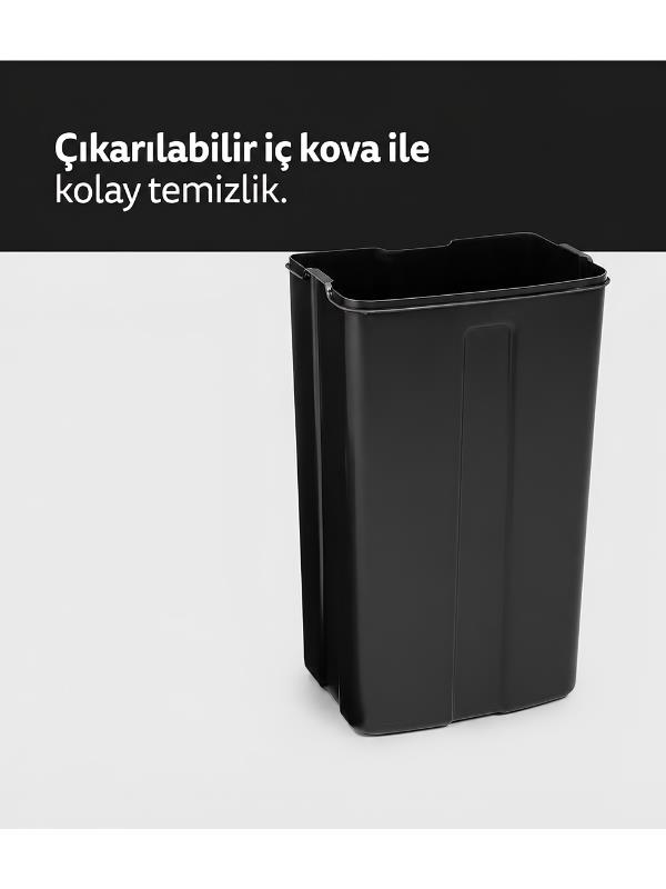Açık arka plan önünde siyah renkli, dikdörtgen plastik kova ve üstte Türkçe yazı.