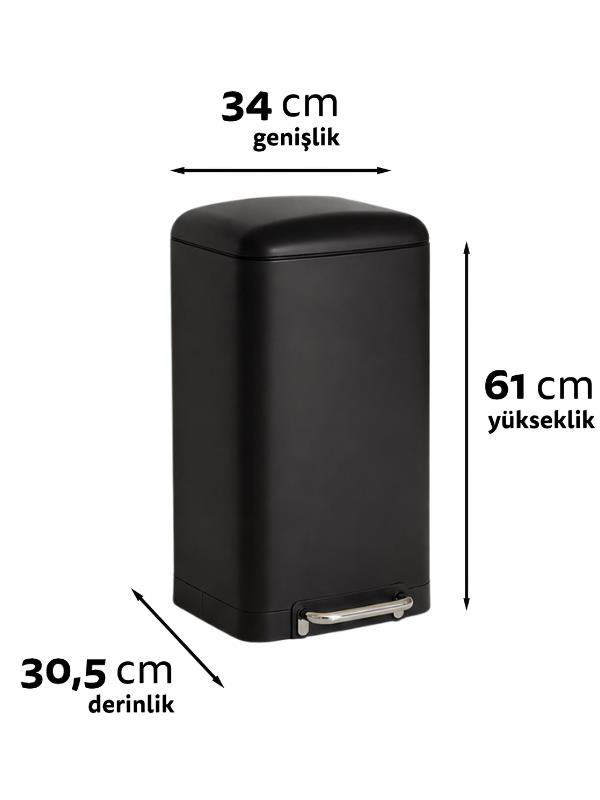 Beyaz arka planda, 34 cm genişlik, 61 cm yükseklik ve 30,5 cm derinlik ölçüleriyle siyah renkli pedallı çöp kutusu.