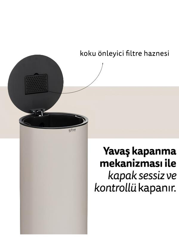 Açık kapaklı bej çöp kovası, koku önleyici filtre haznesini ve yavaş kapanma mekanizmasını gösteriyor.