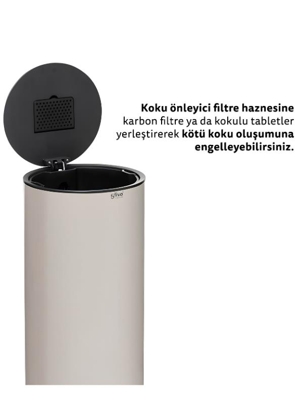 Kapağı açık ve havalandırma ızgaralı gümüş renkli çöp kutusu. Sağda Türkçe metin var.