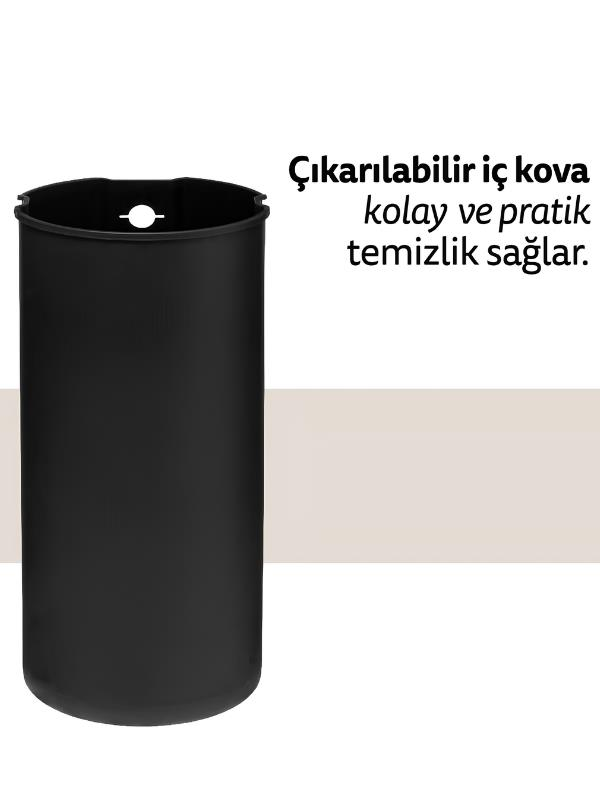 Beyaz arka planda yazılı silindirik siyah kova.