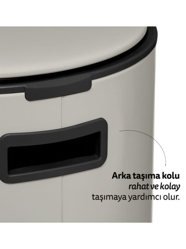Siyah kulplu ve yazılı gri renkli bir konteyner.