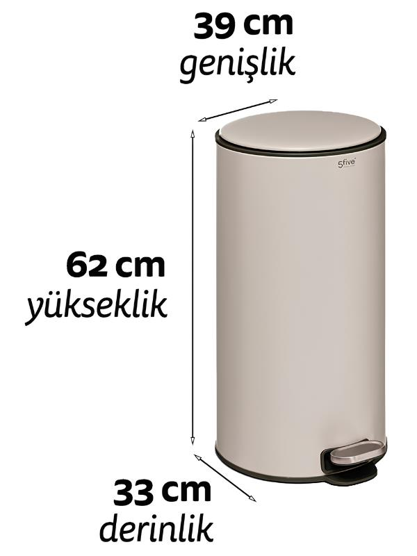 Genişlik, yükseklik ve derinlik ölçüleri olan bej silindirik pedallı çöp kovası.