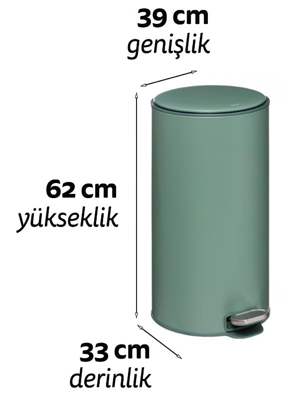 39 cm genişlik, 62 cm yükseklik ve 33 cm derinlik ölçülerine sahip yeşil pedal çöp kovası.