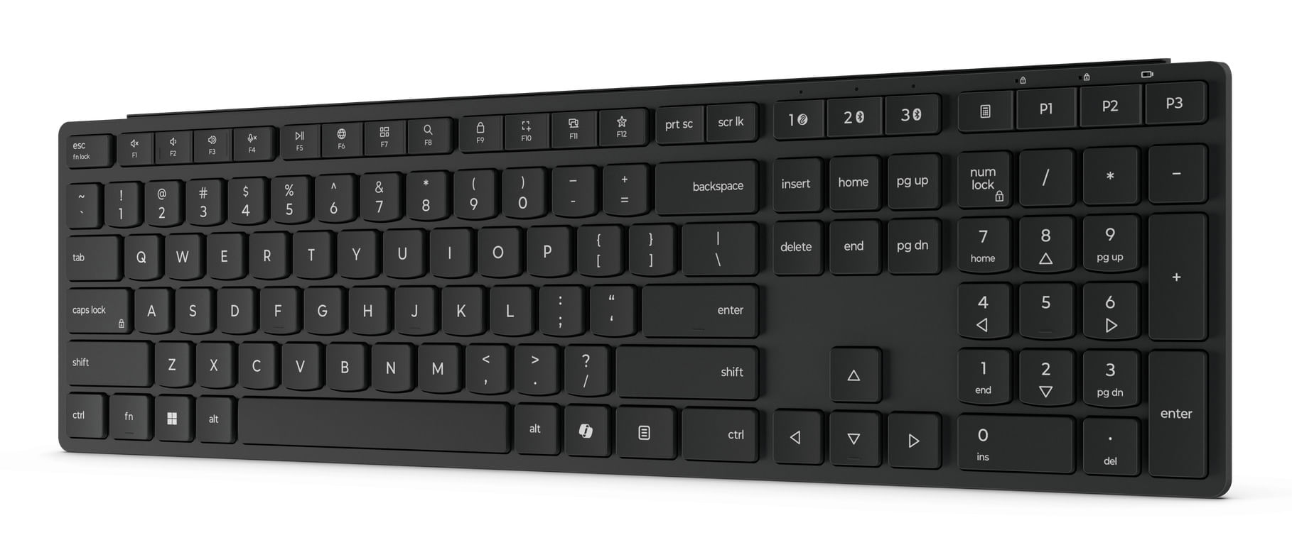 Un teclado de computadora inalambrico negro con teclado completo y numerico sobre fondo blanco.