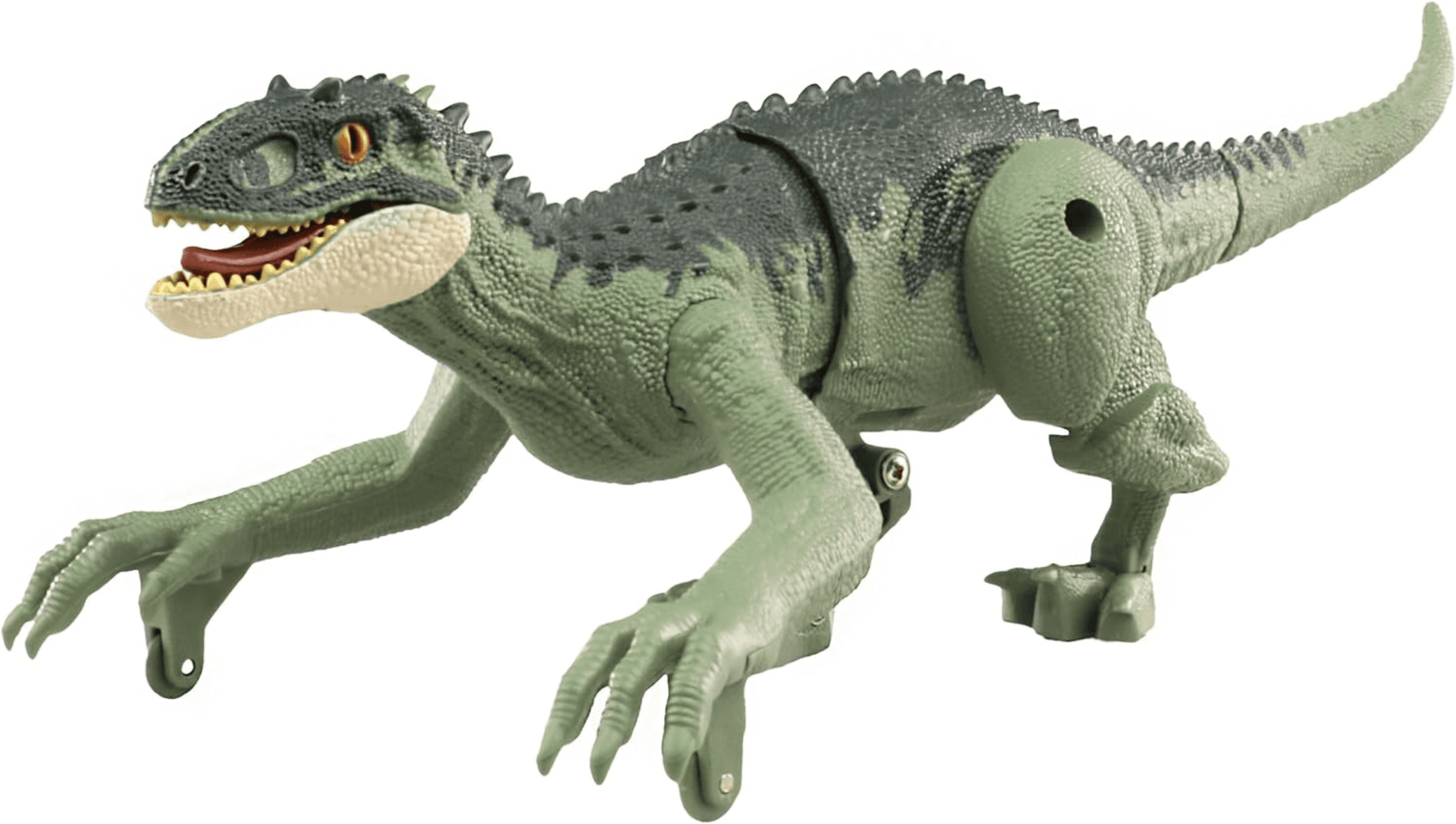 Juguete de dinosaurio verde con la boca abierta y manos con garras sobre fondo blanco.