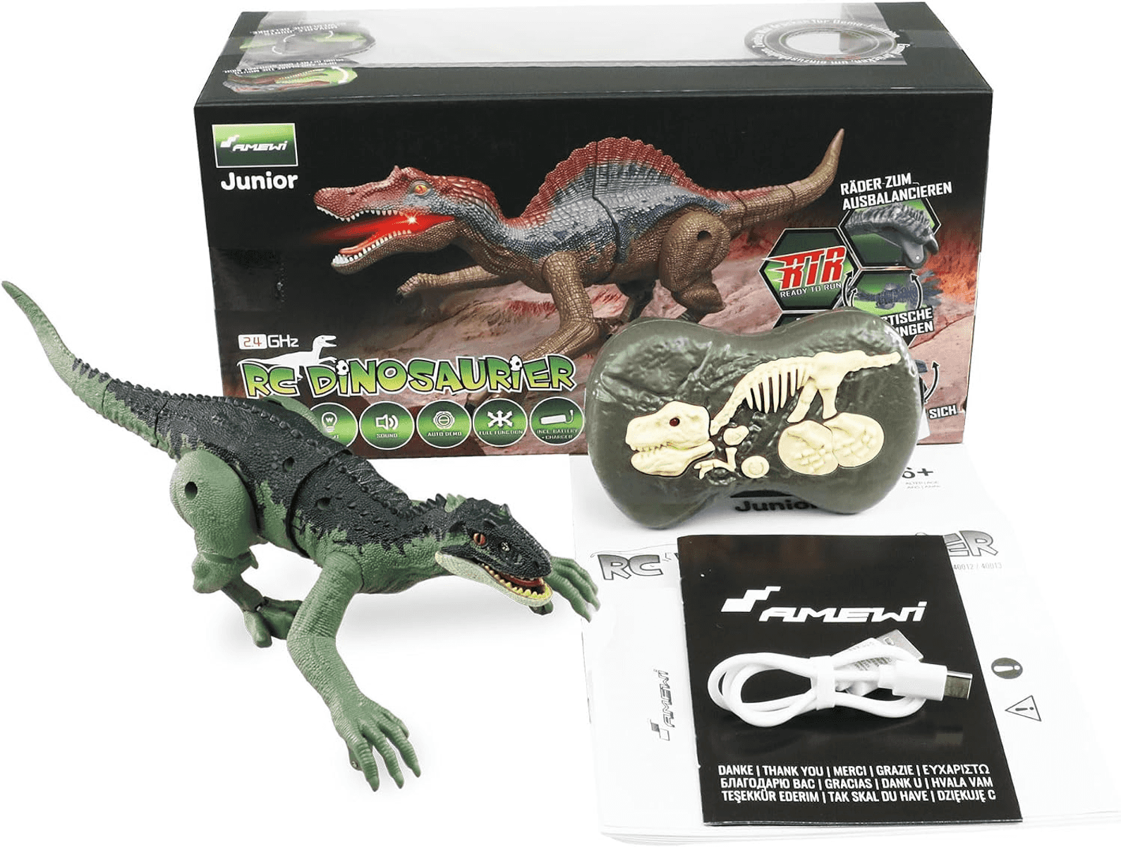 Un juguete de dinosaurio RC verde con control remoto, caja, manual y cable de carga blanco.