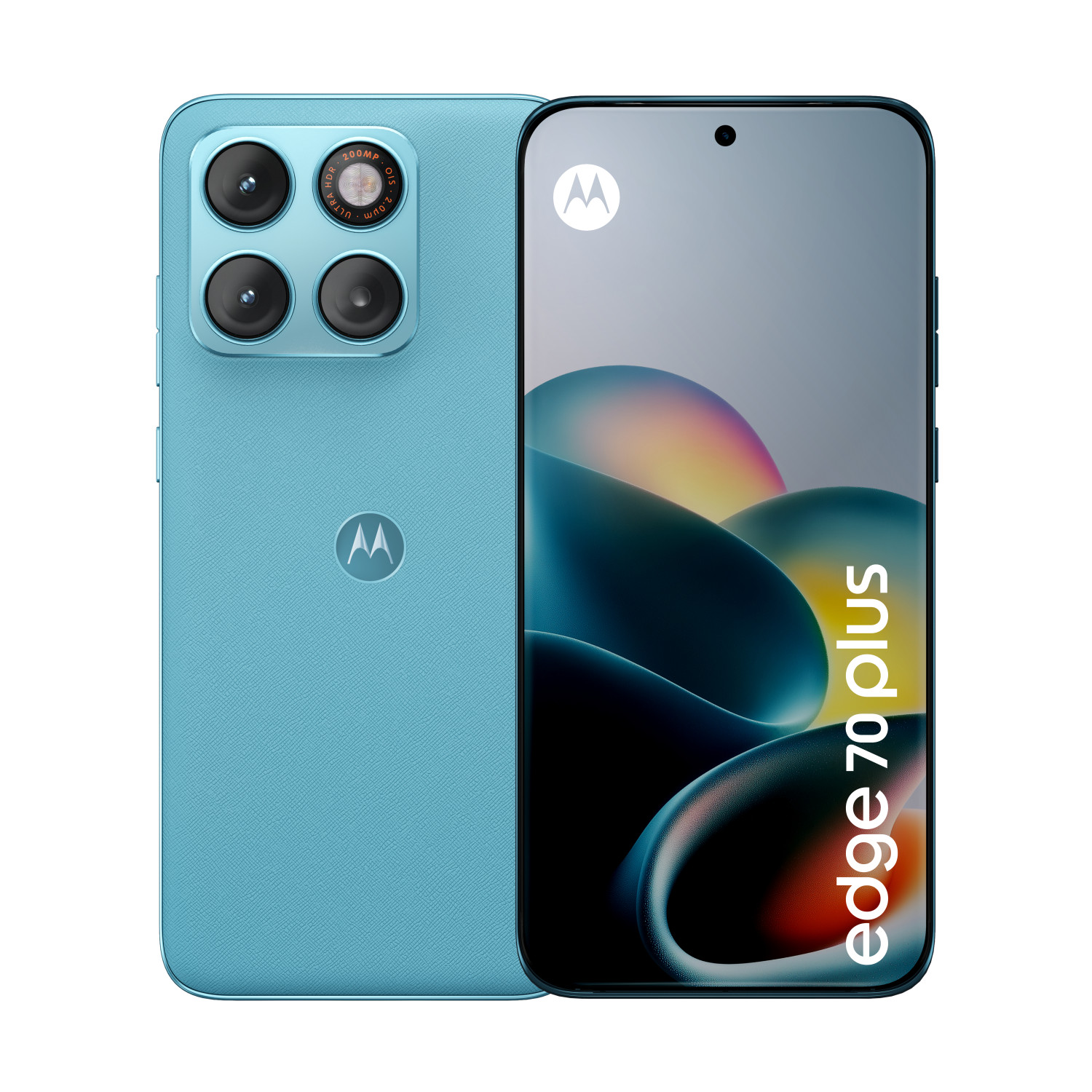 Smartphone Motorola Edge 70 Plus blu con quattro fotocamere sul retro e display curvo.
